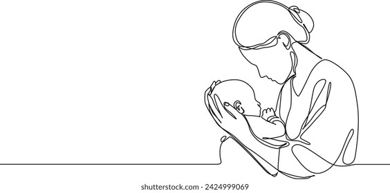 continuous single line drawing of mother caressing baby, line art vector illustration