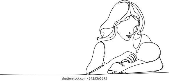 continuous single line drawing of mother caressing baby, line art vector illustration