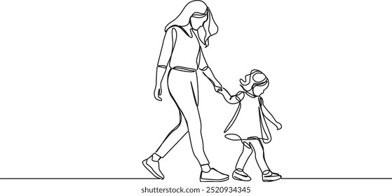 continuous single line drawing of mother and young daughter walking hand in hand, line art vector illustration