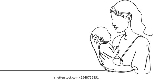 continuous single line drawing of mother holding newborn baby on arm, line art vector illustration