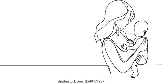 continuous single line drawing of mother holding her baby on arm, line art vector illustration