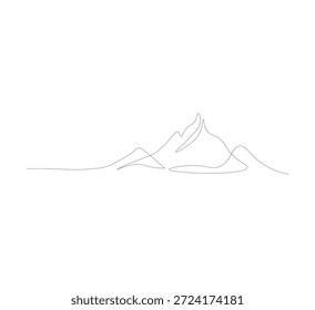 Kontinuierliche einzeilige Bergzeichnung, minimalistische Monolingebirgsgrafik, einfache lineare Naturlandschaft Umriss auf weißem Hintergrund