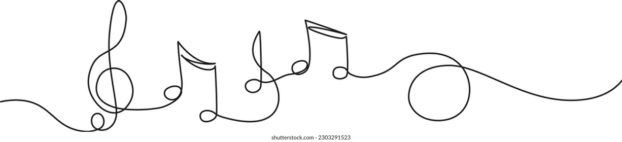 continuous single line drawing of music notes and treble clef, abstract melody sheet music line art vector illustration