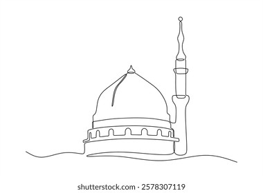 Continuous single line drawing of Nabawi's dome mosque and minaret. Minimalist Islamic design element.