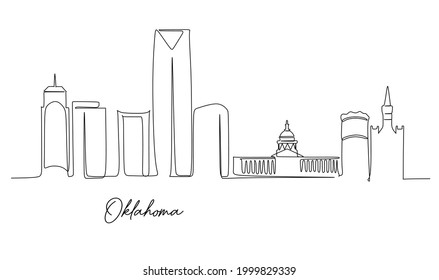 Continuous Single Line Drawing Of Oklahoma City Skyline United States. Historical Town Landscape. Best Holiday Destination Home Decor Wall Art Poster