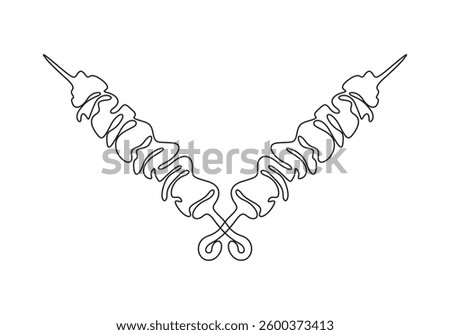 Continuous single line drawing. One-line Shish kebab on skewers. Isolated on white background. Vector illustration