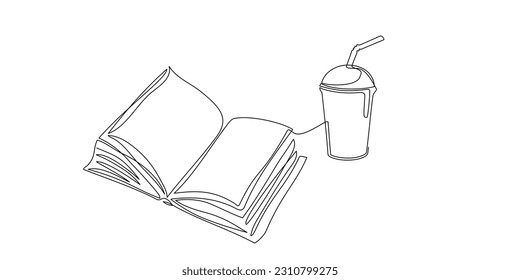 Continuous single line drawing of open book and cup of soda or coffee at work desk. One line notebook with drink for background. Concept of study, knowledge, education, business. Hand drawn sketch