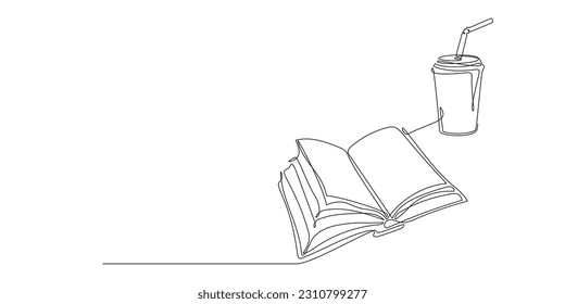 Continuous single line drawing of open book and cup of soda or coffee at work desk. One line notebook with drink for background. Concept of study, knowledge, education, business. Hand drawn sketch