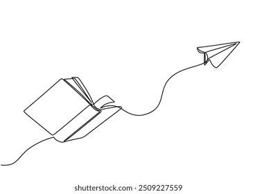 Dibujo continuo de una sola línea de un libro abierto con un plano de papel. Combina Elementos literarios con un vuelo caprichoso en un estilo de Vector minimalista.