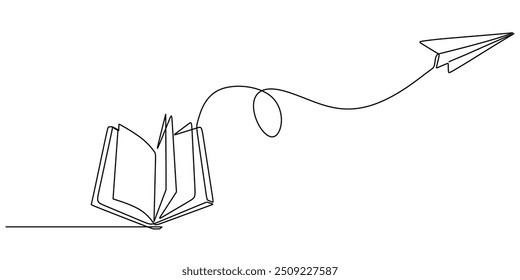 Desenho de linha única contínuo de um livro aberto com um plano de papel. Ilustração vetorial minimalista combinando literatura e voo.