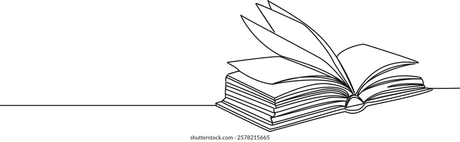 continuous single line drawing of open book, line art vector illustration