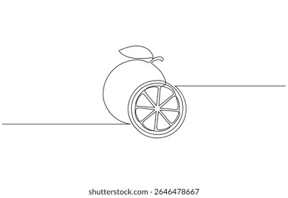 Continuous single line drawing of orange fruit, Orange fruit in one line art drawing style, Minimal black line sketch on white background, citrus vector illustration. Editable outline