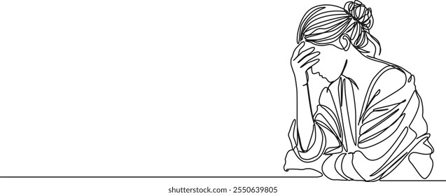 continuous single line drawing of overworked woman covering face with hand, line art vector illustration