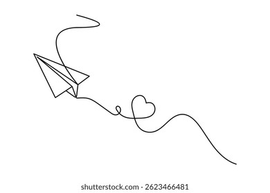 Continuous single line drawing of paper plane outline isolated vector art design