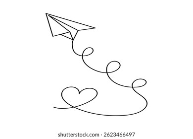 Continuous single line drawing of paper plane outline isolated vector art design