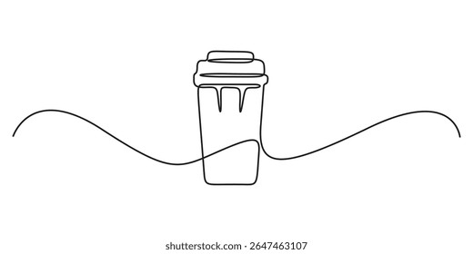 Continuous single line drawing of paper cup of hot coffee. Minimalist icon concept of energy morning and drink to go in simple linear style. Vector illustration