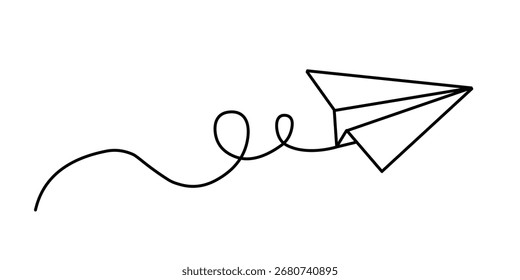 Desenho de linha única contínuo de avião de papel. Isolado no fundo branco.