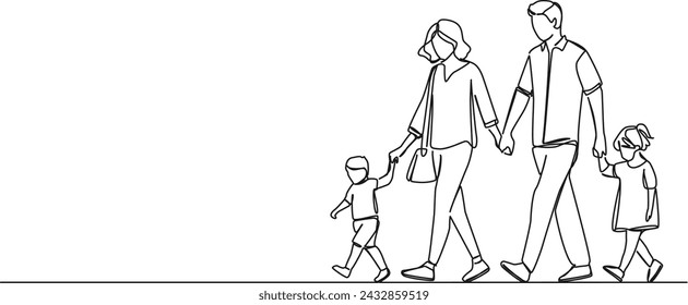 dibujo continuo de una sola línea de padres con sus dos hijos caminando mano a mano, ilustración vectorial de arte de línea