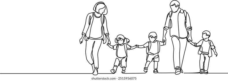continuous single line drawing of parents and three kids walking hand in hand, line art vector illustration