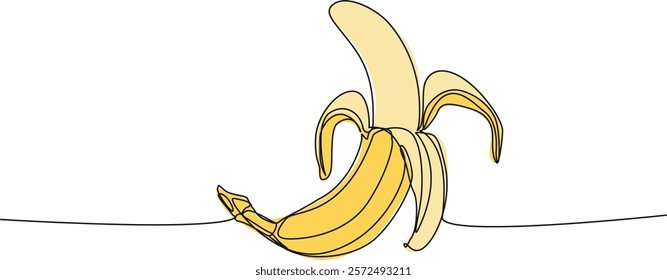 continuous single line drawing of partially peeled banana, line art vector illustration