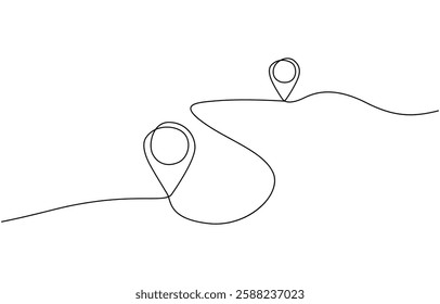 Continuous single line drawing of path and location pointers, Vector illustration of two geolocation icons and the distance between them.