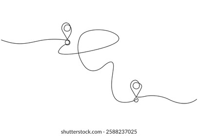 Continuous single line drawing of path and location pointers, Vector illustration of two geolocation icons and the distance between them.