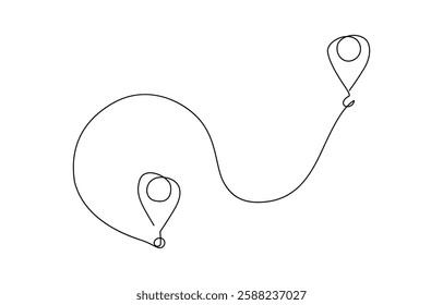 Continuous single line drawing of path and location pointers, Vector illustration of two geolocation icons and the distance between them.