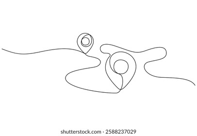 Continuous single line drawing of path and location pointers, Vector illustration of two geolocation icons and the distance between them.