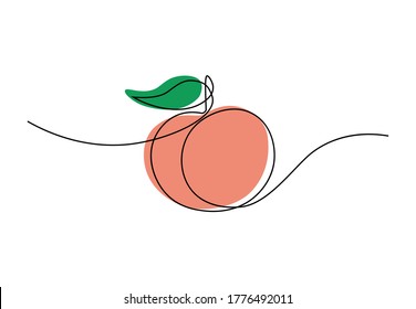 Continuous single line drawing of peach fruit. Minimalistic colorful sketch for logo, posters, wall art. Vector illustration  isolated on white background