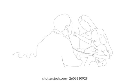 Continuous single line drawing of pediatrician using stethoscope on toddler, line art vector illustration. 
Trendy medical health care treatment concept. Hand made vector not Al