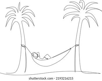 continuous single line drawing of person relaxing in hammock between palm trees, line art vector illustration