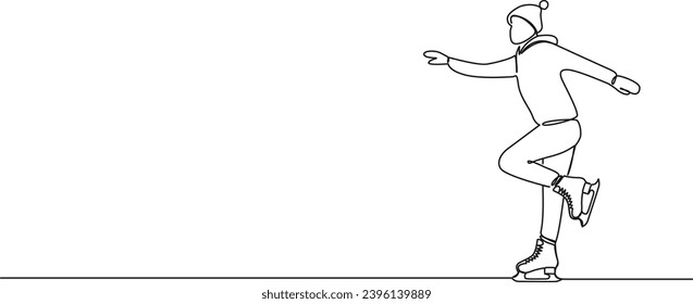 continuous single line drawing of person ice skating as leisure activity, line art vector illustration