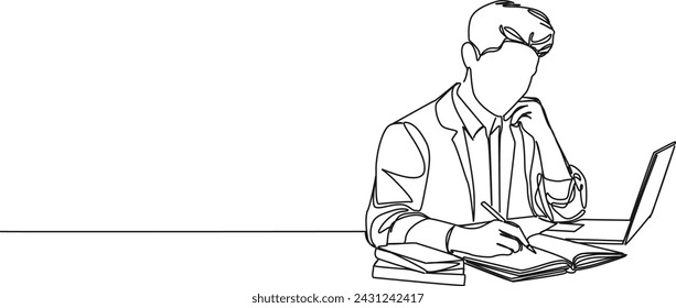 Kontinuierliche Einzelzeilenzeichnung von Personen, die am Schreibtisch mit Laptop und Büchern studieren, Linie Art Vektor-Illustration