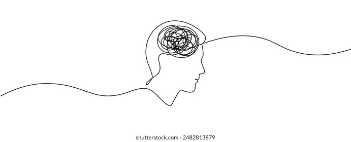 Continuous single line drawing of a person with confused thoughts. Concept of mental health problems, stress, grief, headache in simple linear style. Vector editable illustration