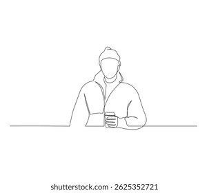 Desenho de linha única contínua de pessoa segurando café com copo de papel. Leve embora café loja única linha vetor conceito de ilustração. Descrição editável.