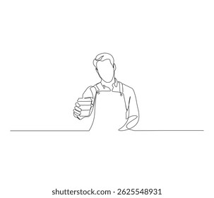 Desenho de linha única contínua de pessoa segurando café com copo de papel. Leve embora café loja única linha vetor conceito de ilustração. Descrição editável.