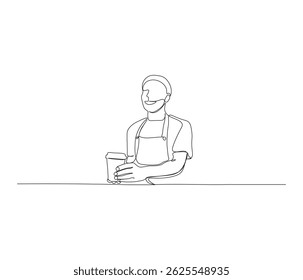 Dibujo continuo de una sola línea de la persona que sostiene el café con la taza de papel. Concepto de Ilustración vectorial de una sola línea de cafetería para llevar. Esquema editable.