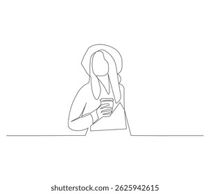 Dibujo continuo de una sola línea de la persona que sostiene el café con la taza de papel. Concepto de Ilustración vectorial de una sola línea de cafetería para llevar. Esquema editable.