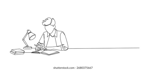 Dibujo continuo de una sola línea de la persona que estudia en la mesa con el ordenador portátil y los libros	
