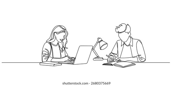 Dibujo continuo de una sola línea de la persona que estudia en la mesa con el ordenador portátil y los libros	
