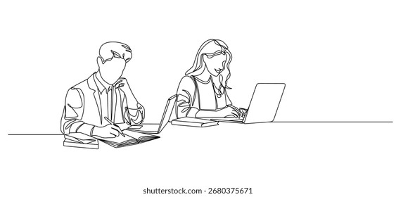 Dibujo continuo de una sola línea de la persona que estudia en la mesa con el ordenador portátil y los libros	
