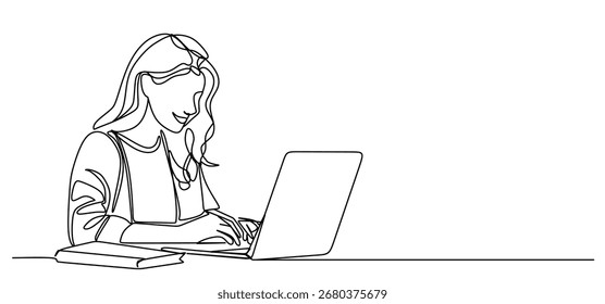 Dibujo continuo de una sola línea de la persona que estudia en la mesa con el ordenador portátil y los libros	

