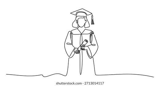 Um desenho de linha única contínua de uma pessoa que celebra a formatura e detém seu diploma Vetor, ilustração