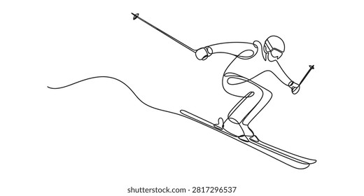 Continuous single line drawing of a person skiing down a snowy slope