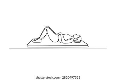 Continuous single line drawing of a person lying on a yoga mat doing relaxation or stretching exercises