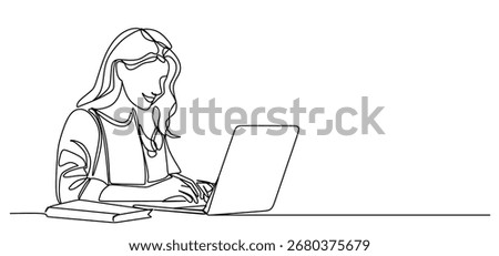 continuous single line drawing of person studying at table with laptop and books	
