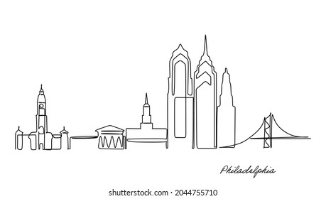 Kontinuierliche Einzeilenzeichnung von Philadelphia City Skyline, Vereinigte Staaten. Schöner Wahrzeichen. Weltstädtische Landschaft Urlaub. Bearbeitbar stylischer Strich-Einzeilentext, Vektorgrafik