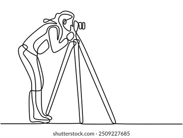 Desenho contínuo de uma única linha de um fotógrafo. Representa uma pessoa de pé com uma câmera e um tripé em um design minimalista.