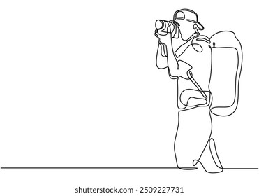 Desenho contínuo em linha única de um fotógrafo em ação. Representa um mochileiro capturando momentos com uma câmera profissional em um estilo minimalista.