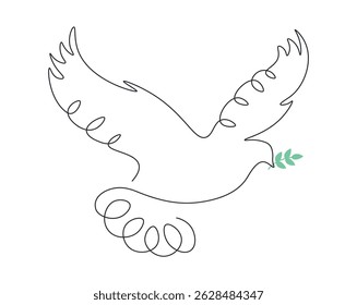 Continuous single line drawing pigeon. Peace and freedom bird symbol in one line. Silhouette flying dove with olive branch. Editable stroke. Minimalistic doodle logo. Icon vector illustration.